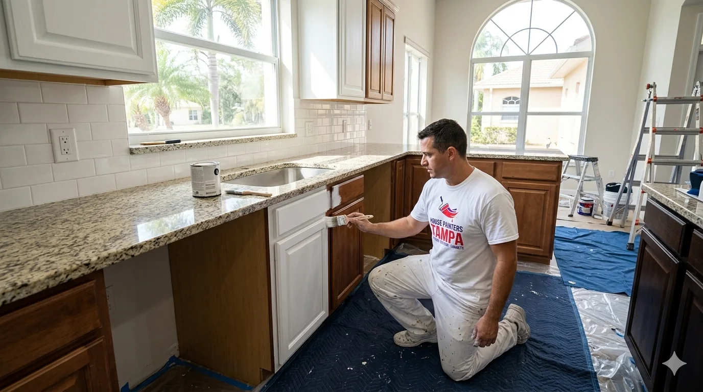 Cabinet refinishing in progress in a Tampa kitchen