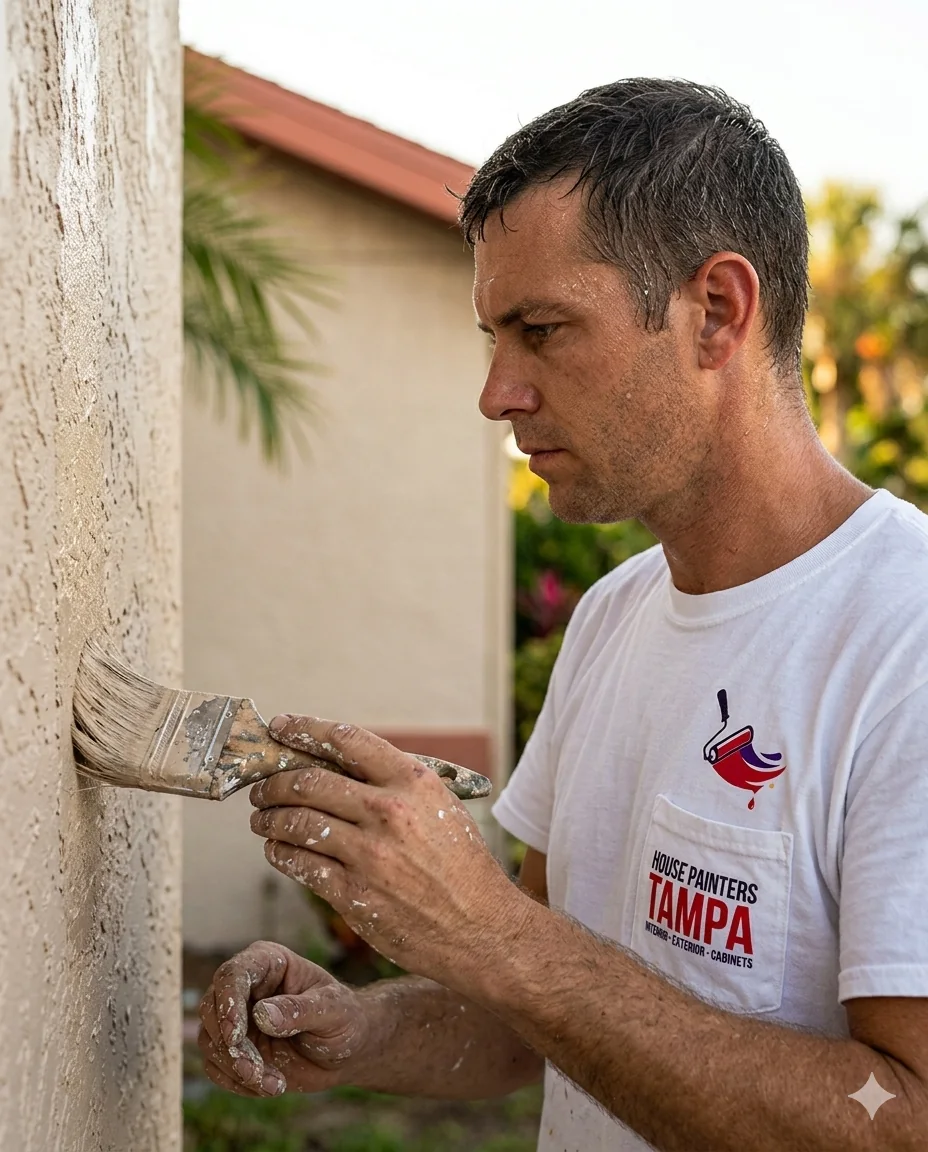 Painter brushing exterior trim on a Tampa house