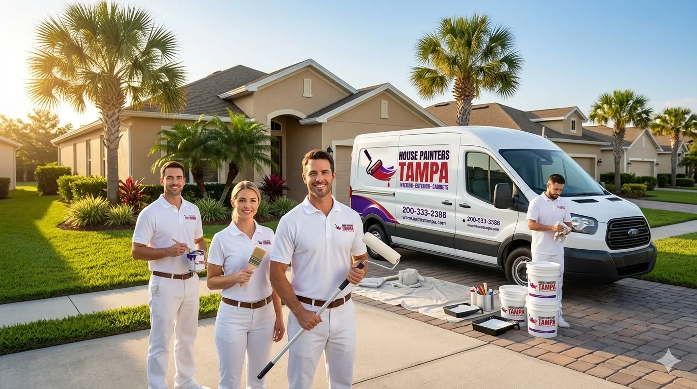 House Painters Tampa crew standing in front of a branded van at a Tampa job site